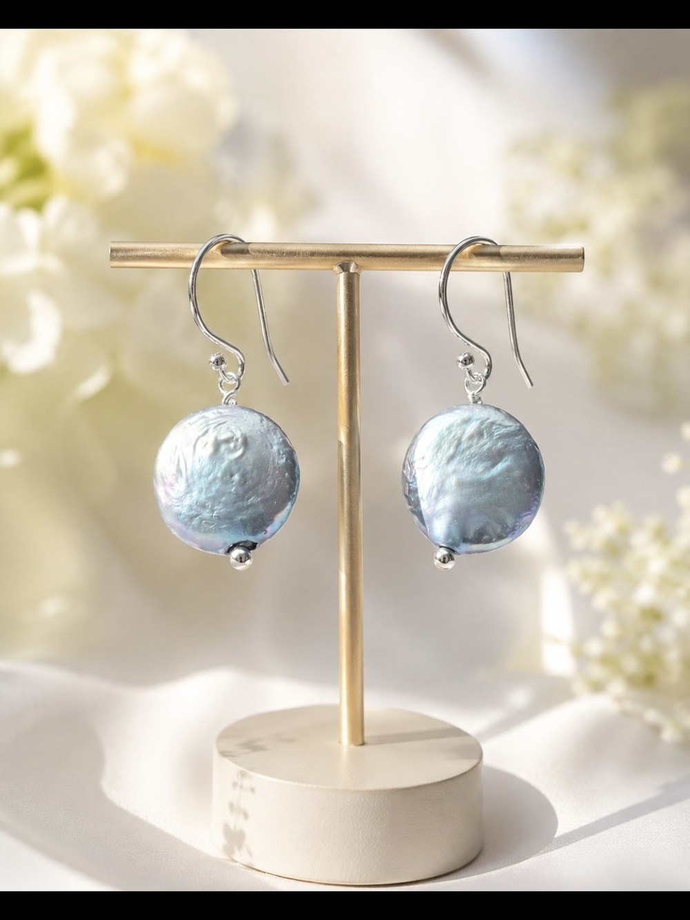 925 Sterling Silver Wirh Authentic  Blue Iridescent Coin Pearl Drop Earrings